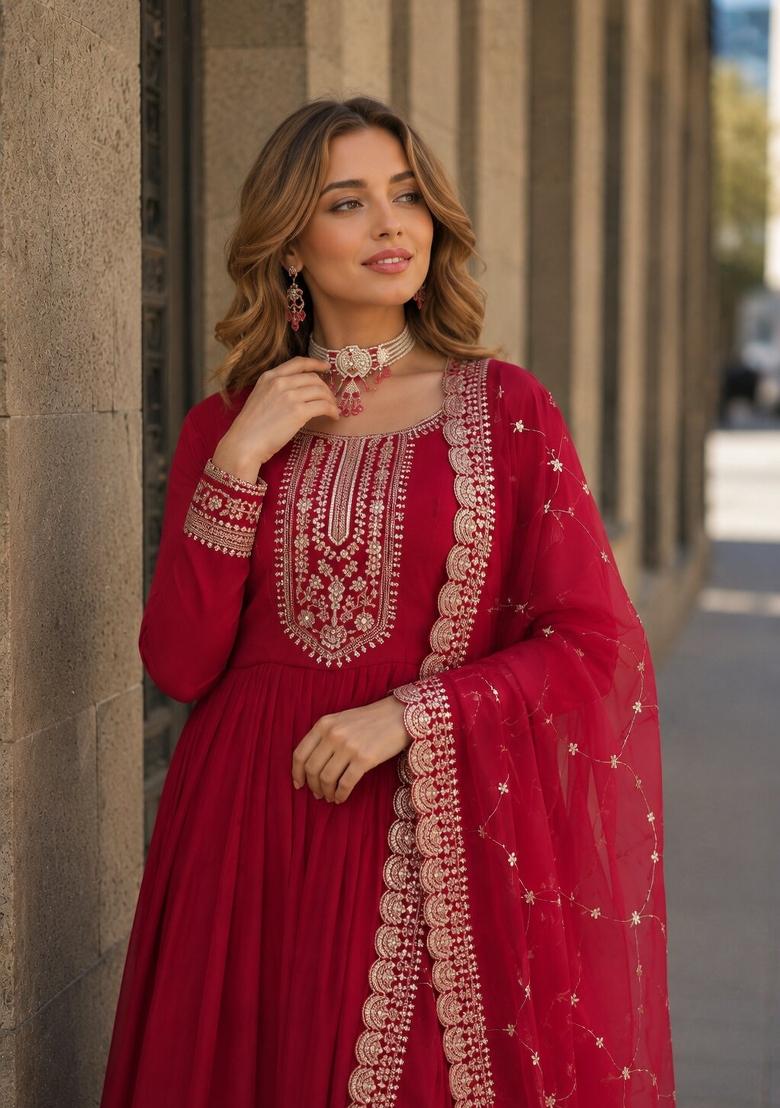 Red Embroidered Georgette Anarkali With Dupatta - Indya