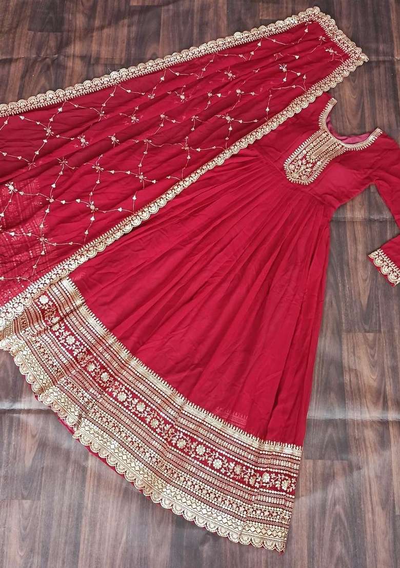 Red Embroidered Georgette Anarkali With Dupatta - Indya