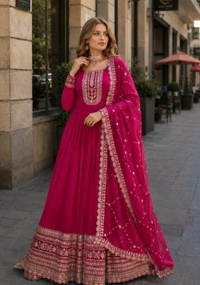 Pink Embroidered Georgette Anarkali With Dupatta