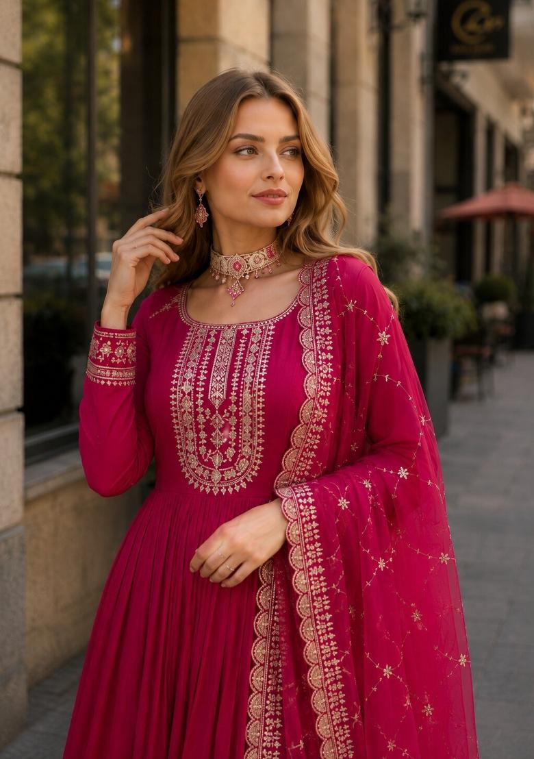 Pink Embroidered Georgette Anarkali With Dupatta - Indya