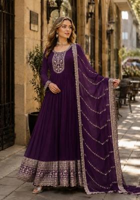 Purple Embroidered Georgette Anarkali With Dupatta