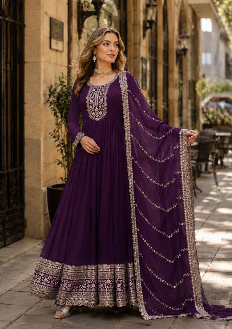 Purple Embroidered Georgette Anarkali With Dupatta - Indya