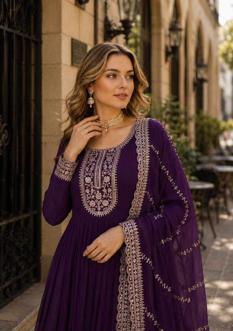 Purple Embroidered Georgette Anarkali With Dupatta - Indya