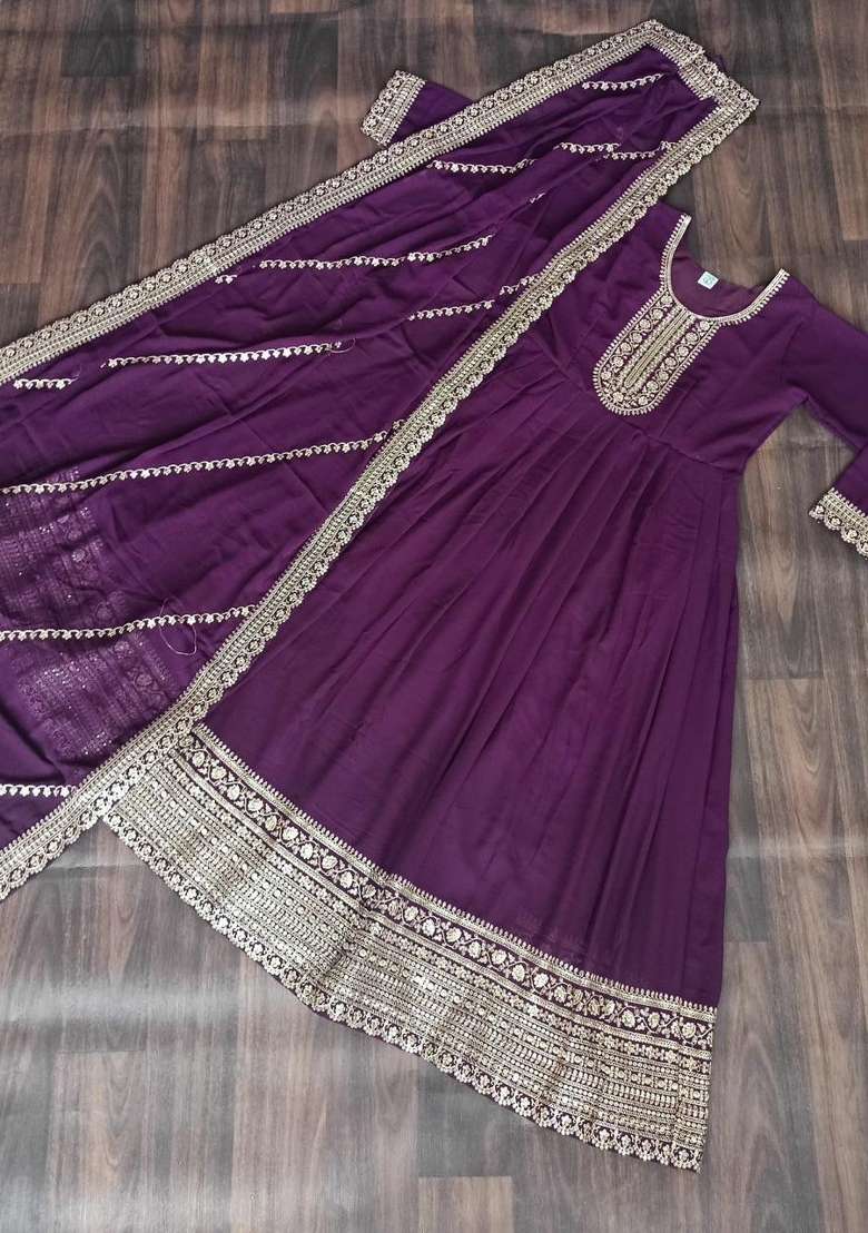Purple Embroidered Georgette Anarkali With Dupatta - Indya