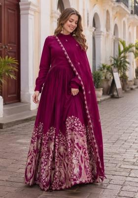 Purple Embroidered Silk Anarkali With Dupatta