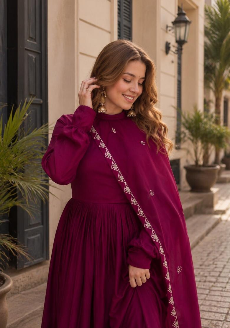 Purple Embroidered Silk Anarkali With Dupatta - Indya