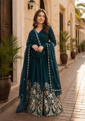 Emerald Embroidered Silk Anarkali With Dupatta