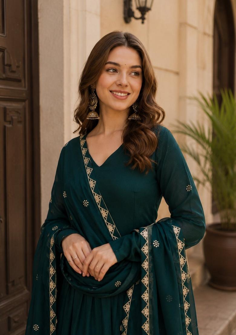 Emerald Embroidered Silk Anarkali With Dupatta - Indya