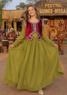 Mehendi Embroidered Silk Anarkali With Koti
