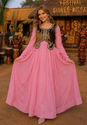 Pink Embroidered Silk Anarkali With Koti