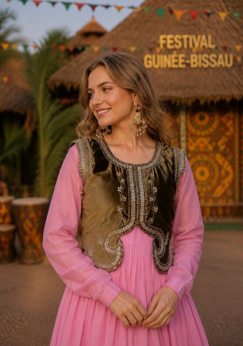 Pink Embroidered Silk Anarkali With Koti - Indya