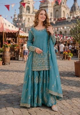 Blue Zari Work Silk Kurta Set