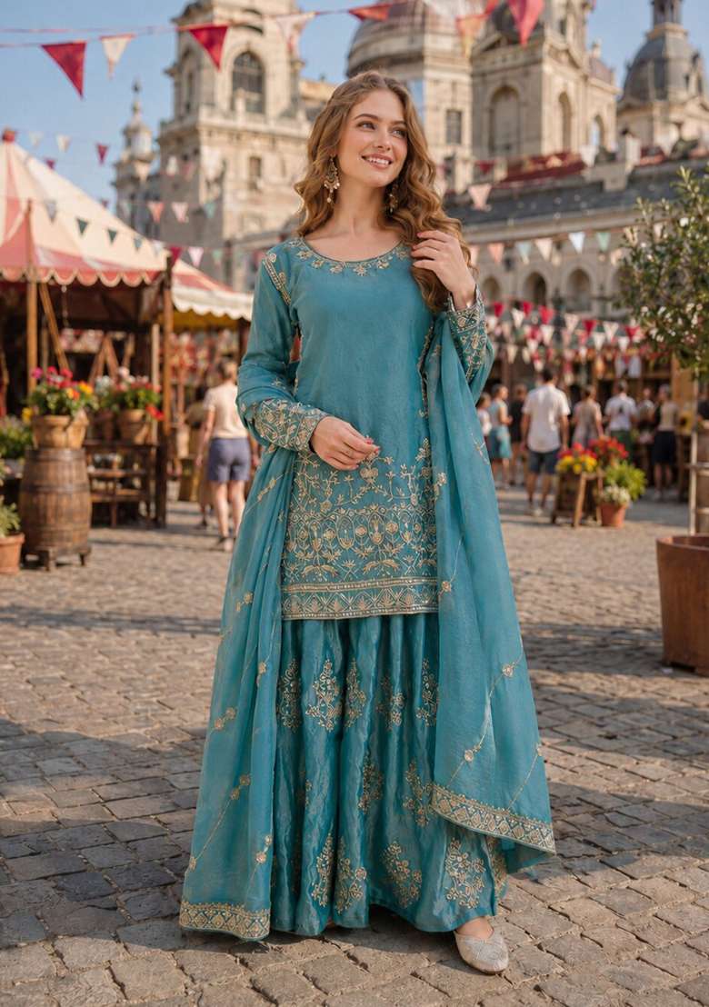 Blue Zari Work Silk Kurta Set - Indya