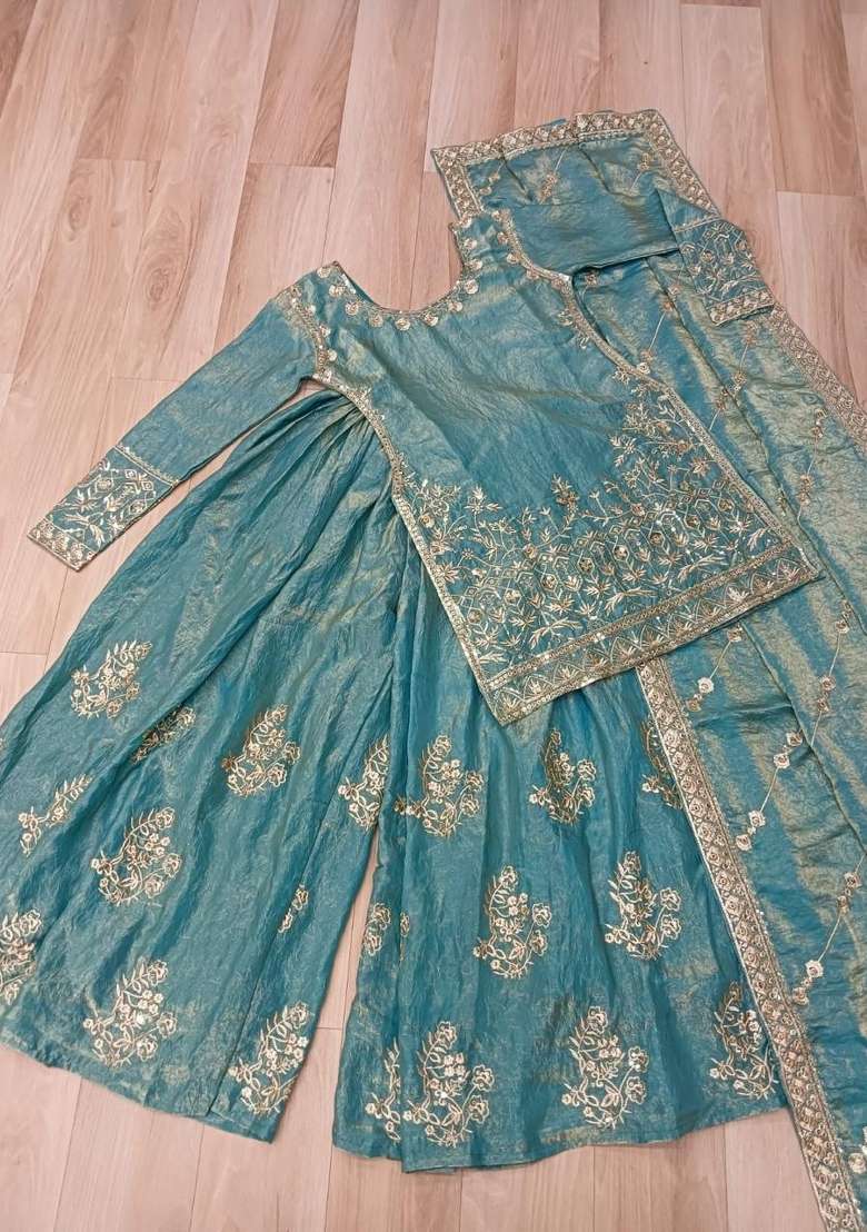 Blue Zari Work Silk Kurta Set - Indya