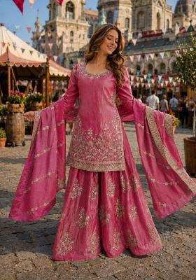 Pink Zari Work Silk Kurta Set