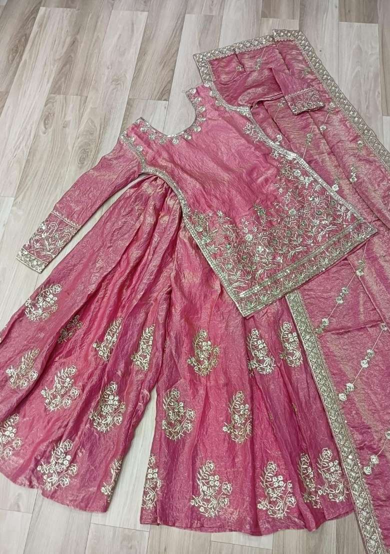 Pink Zari Work Silk Kurta Set - Indya