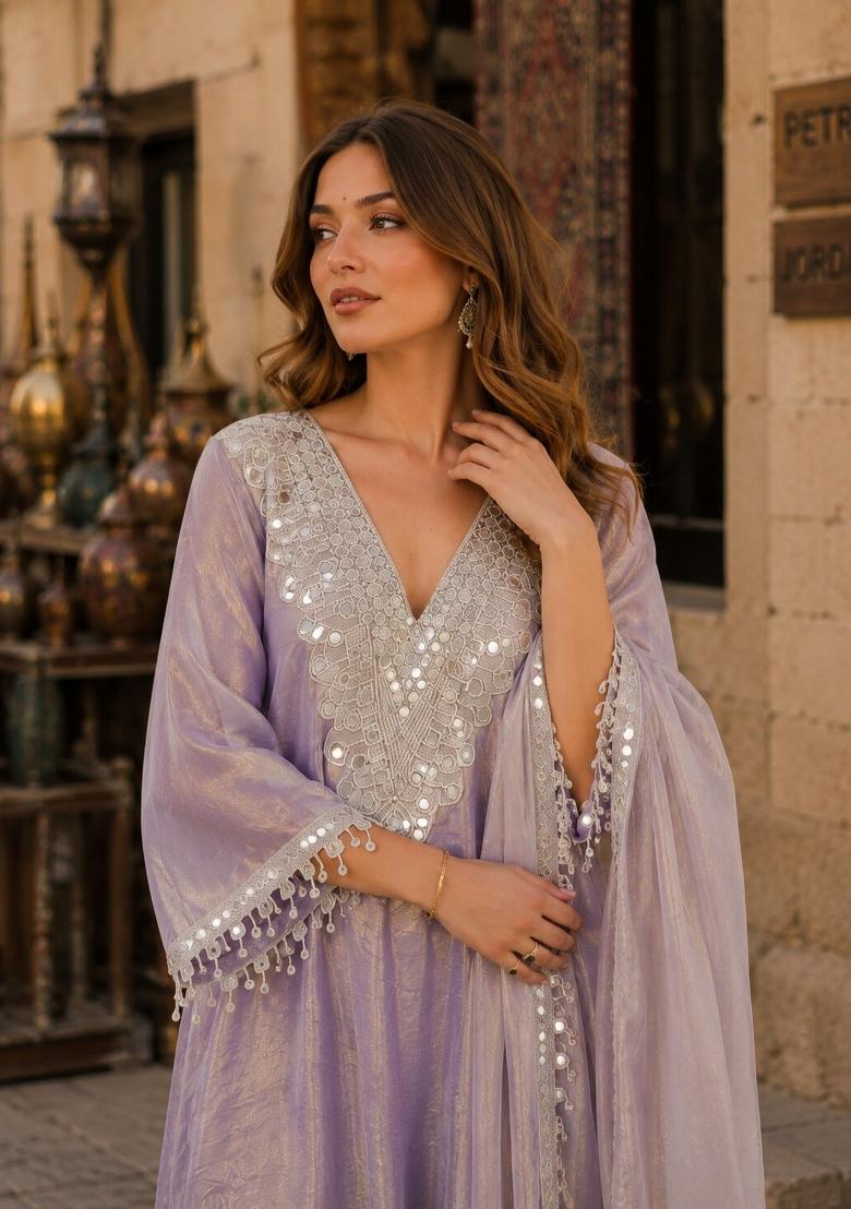 Purple Mirror Silk Kurta Set - Indya