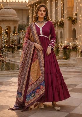 Maroon Mirror Silk Anarkali With Dupatta