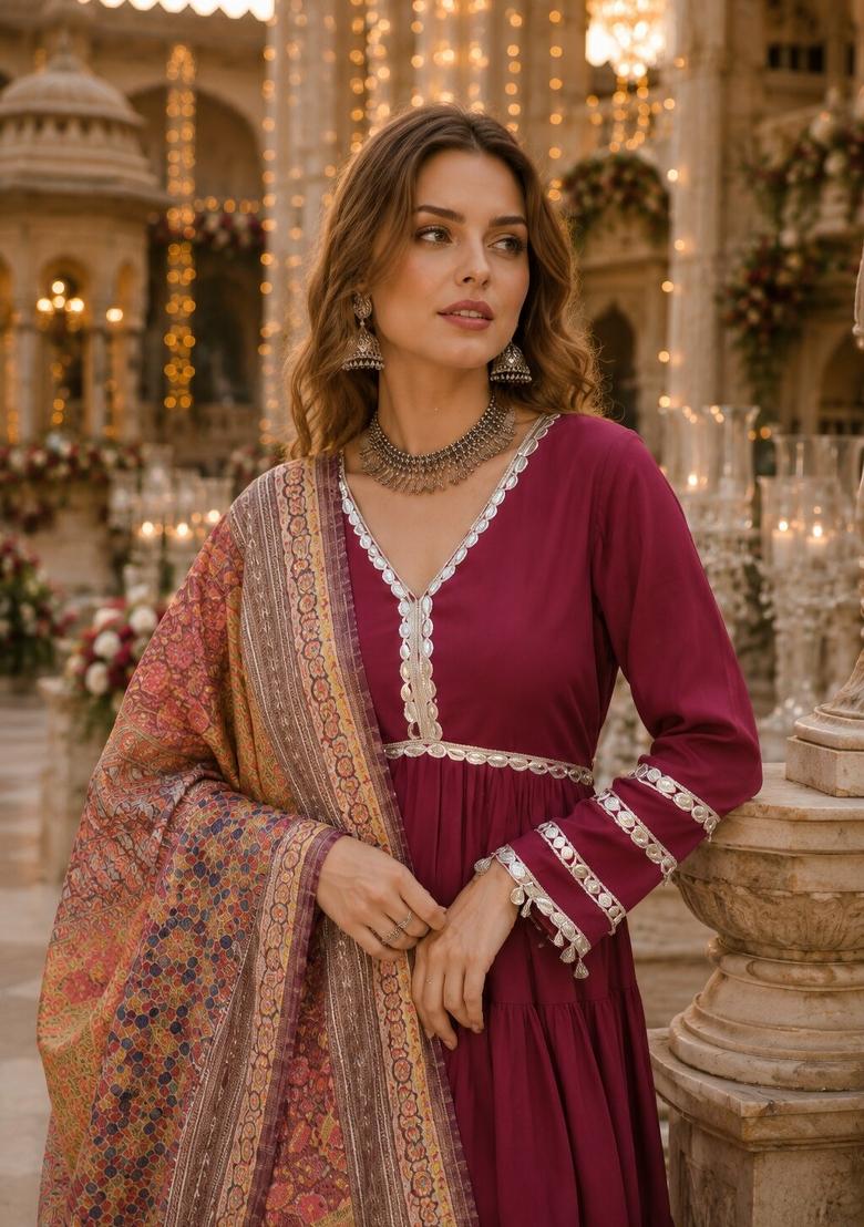 Maroon Mirror Silk Anarkali With Dupatta - Indya