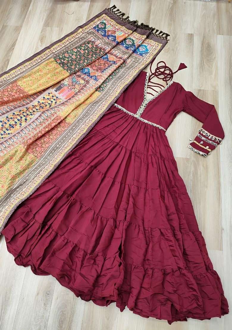 Maroon Mirror Silk Anarkali With Dupatta - Indya