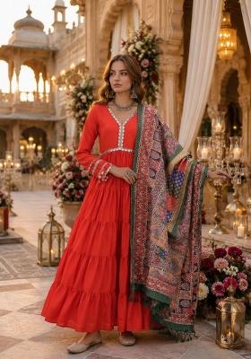 Orange Mirror Silk Anarkali With Dupatta