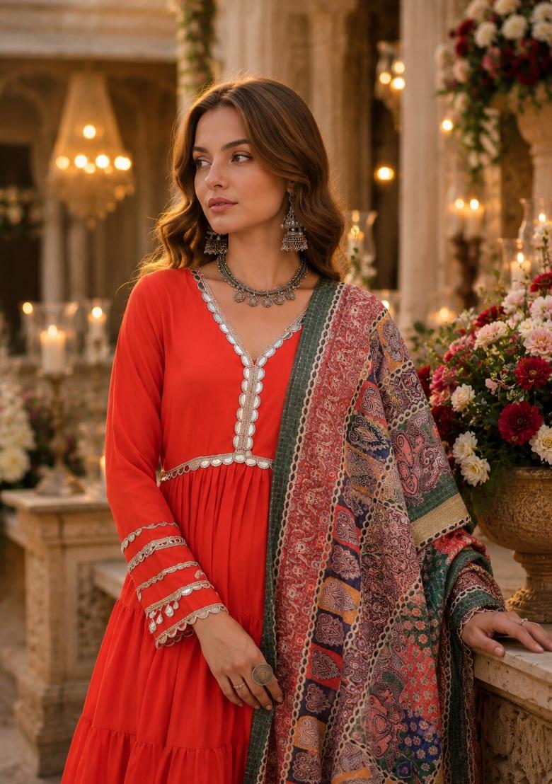 Orange Mirror Silk Anarkali With Dupatta - Indya