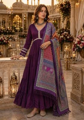 Purple Mirror Silk Anarkali With Dupatta