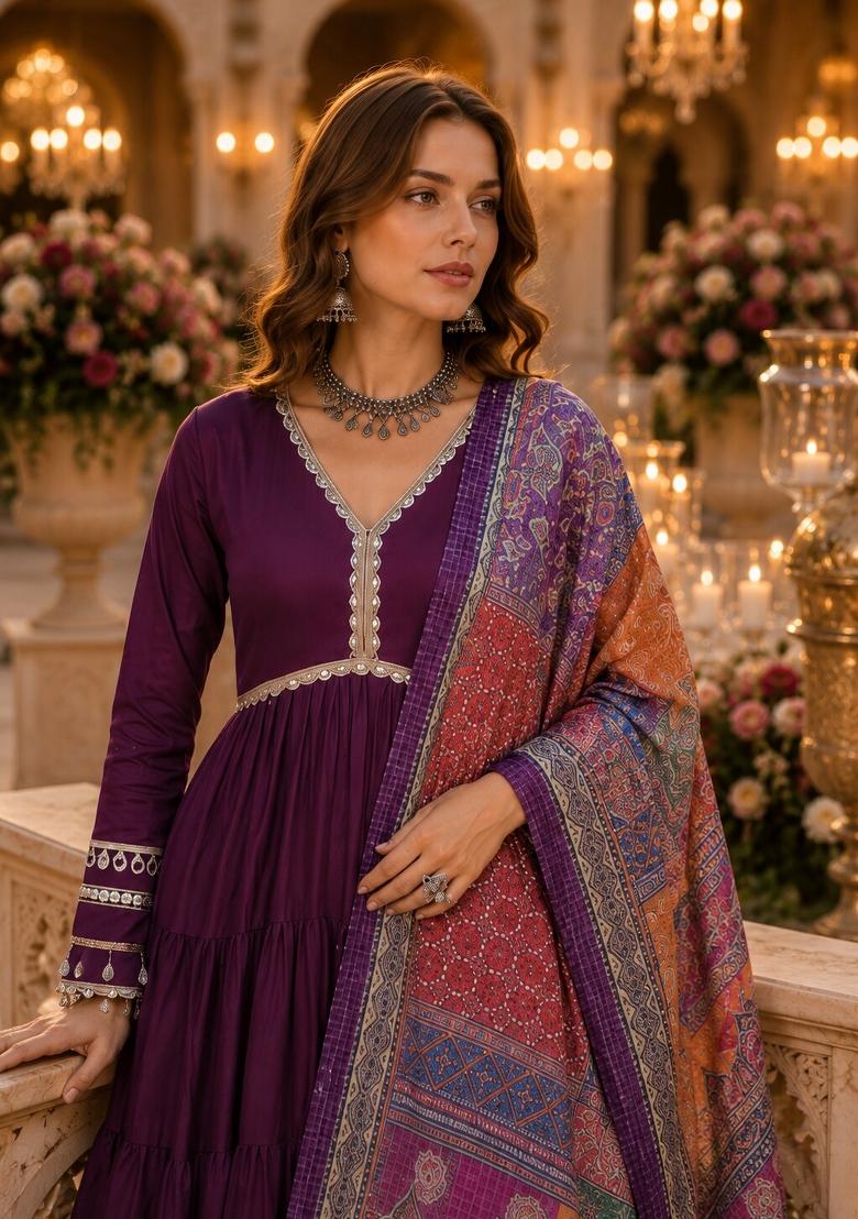 Purple Mirror Silk Anarkali With Dupatta - Indya