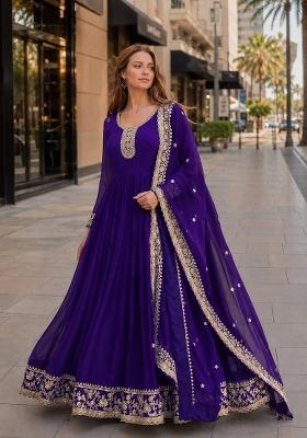 Purple Embroidered Georgette Anarkali With Dupatta