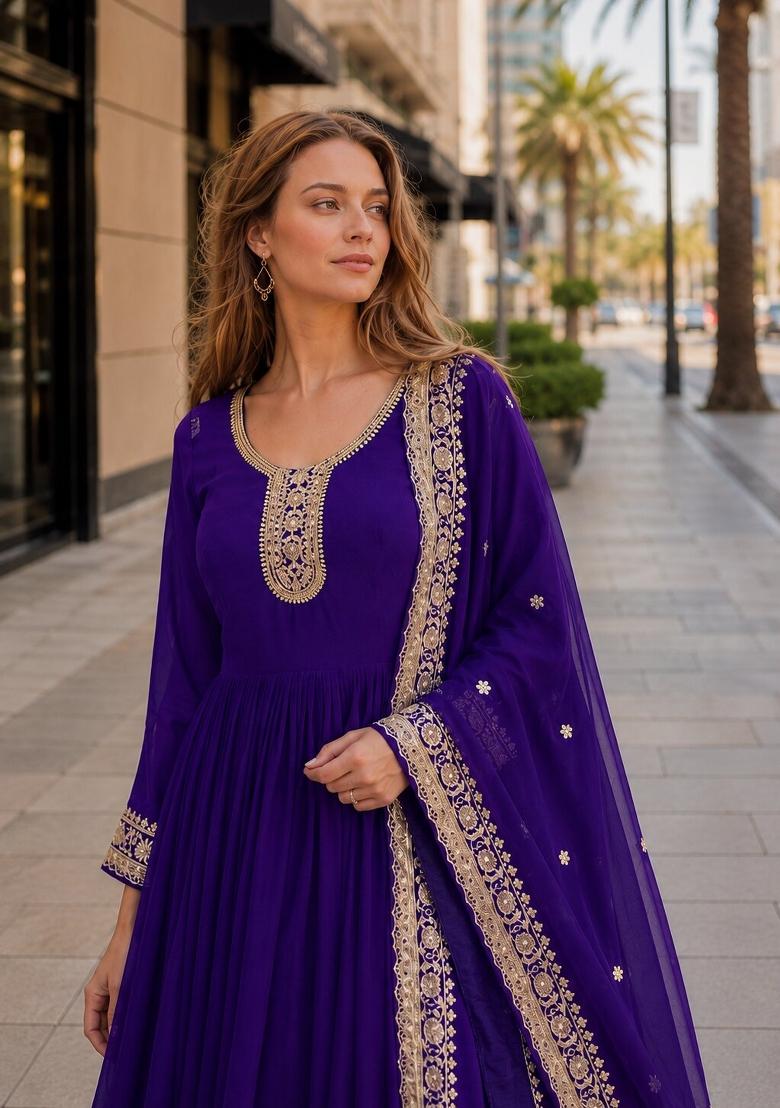 Purple Embroidered Georgette Anarkali With Dupatta - Indya