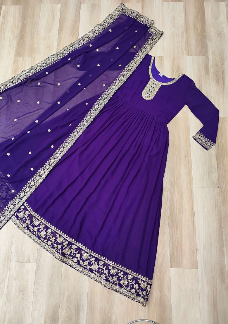 Purple Embroidered Georgette Anarkali With Dupatta - Indya