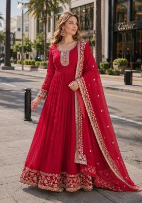 Red Embroidered Georgette Anarkali With Dupatta
