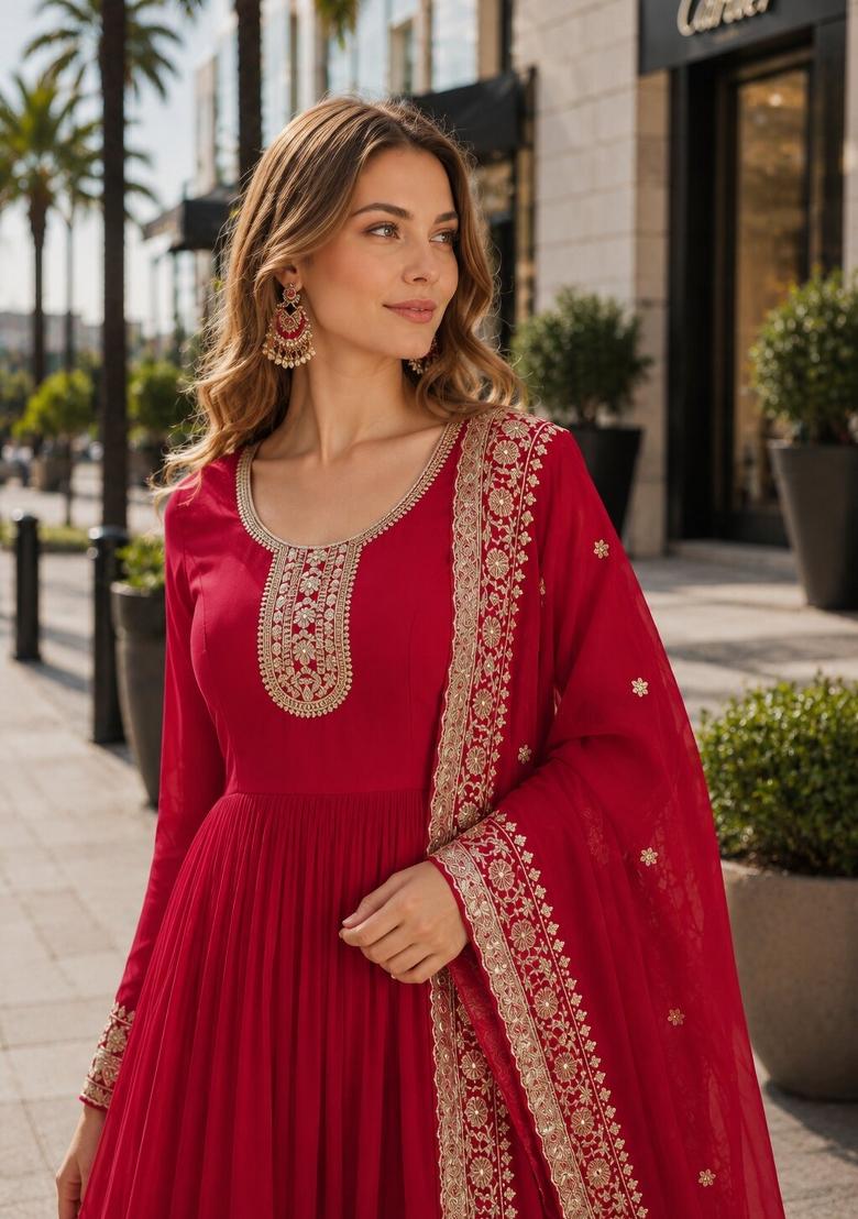 Red Embroidered Georgette Anarkali With Dupatta - Indya