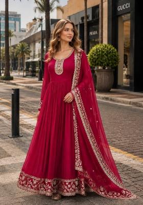 Pink Embroidered Georgette Anarkali With Dupatta
