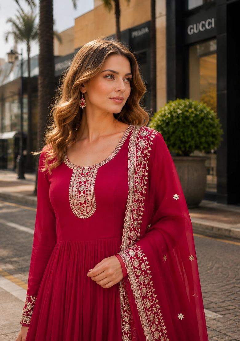Pink Embroidered Georgette Anarkali With Dupatta - Indya