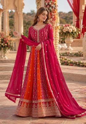 Rani Pink Embroidered Georgette Anarkali With Dupatta
