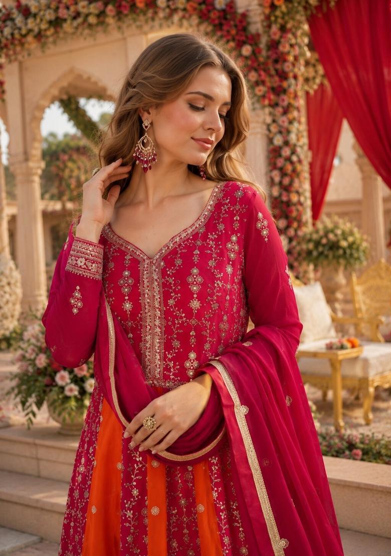 Rani Pink Embroidered Georgette Anarkali With Dupatta - Indya