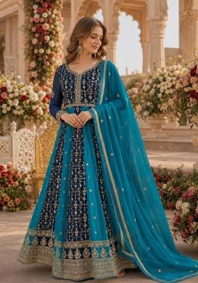 Blue Embroidered Georgette Anarkali With Dupatta