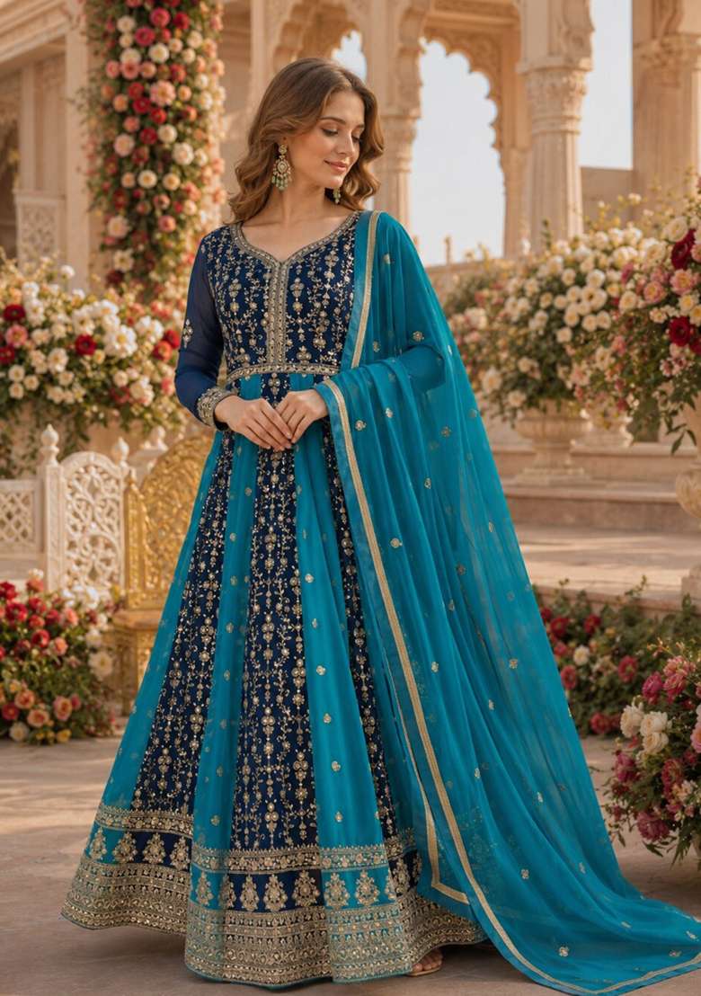 Blue Embroidered Georgette Anarkali With Dupatta - Indya
