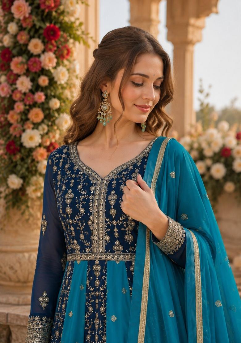 Blue Embroidered Georgette Anarkali With Dupatta - Indya