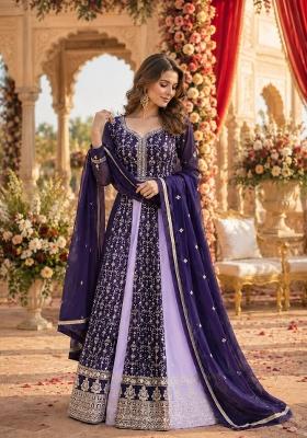 Purple Embroidered Georgette Anarkali With Dupatta