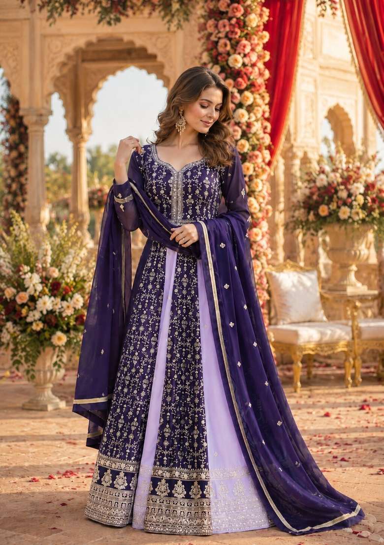 Purple Embroidered Georgette Anarkali With Dupatta - Indya