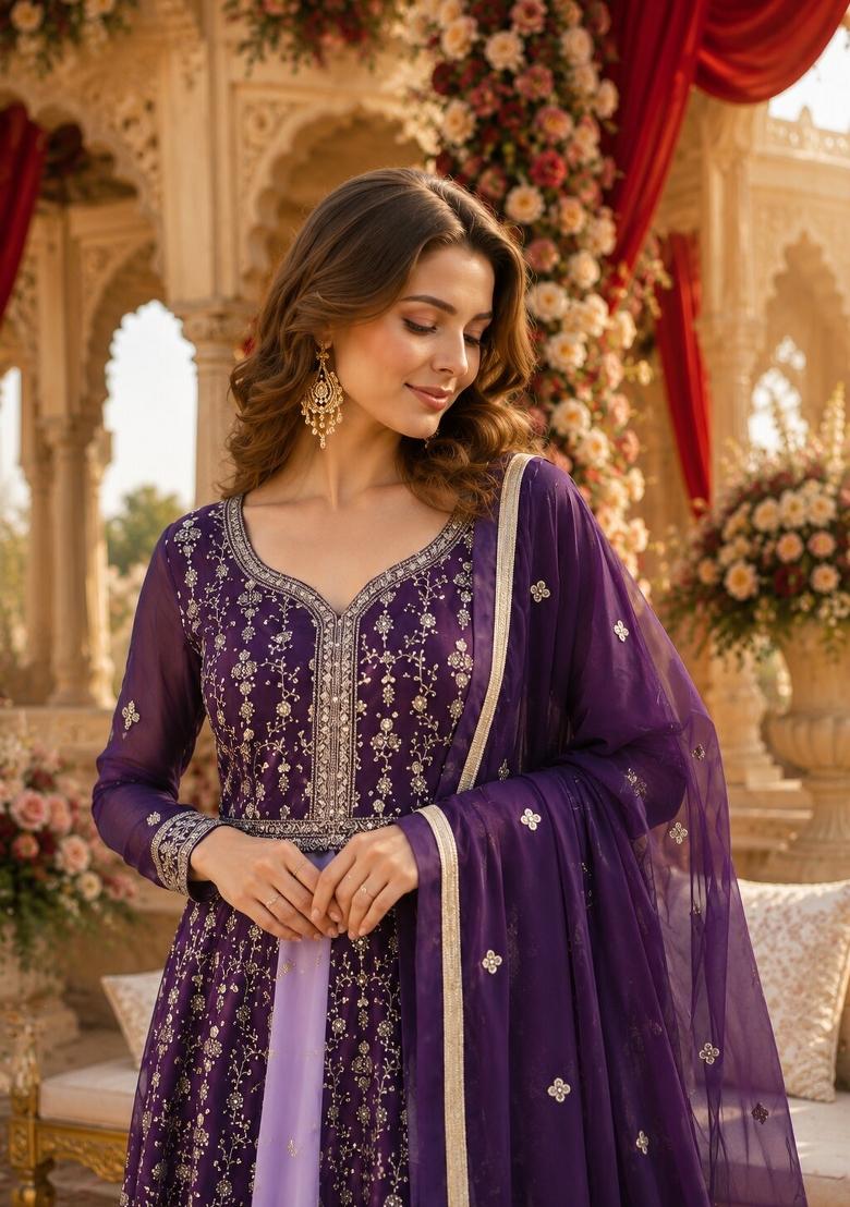Purple Embroidered Georgette Anarkali With Dupatta - Indya