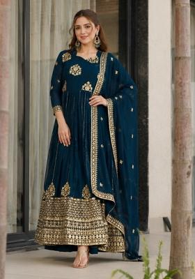 Navy Blue Embroidered Georgette Anarkali With Dupatta