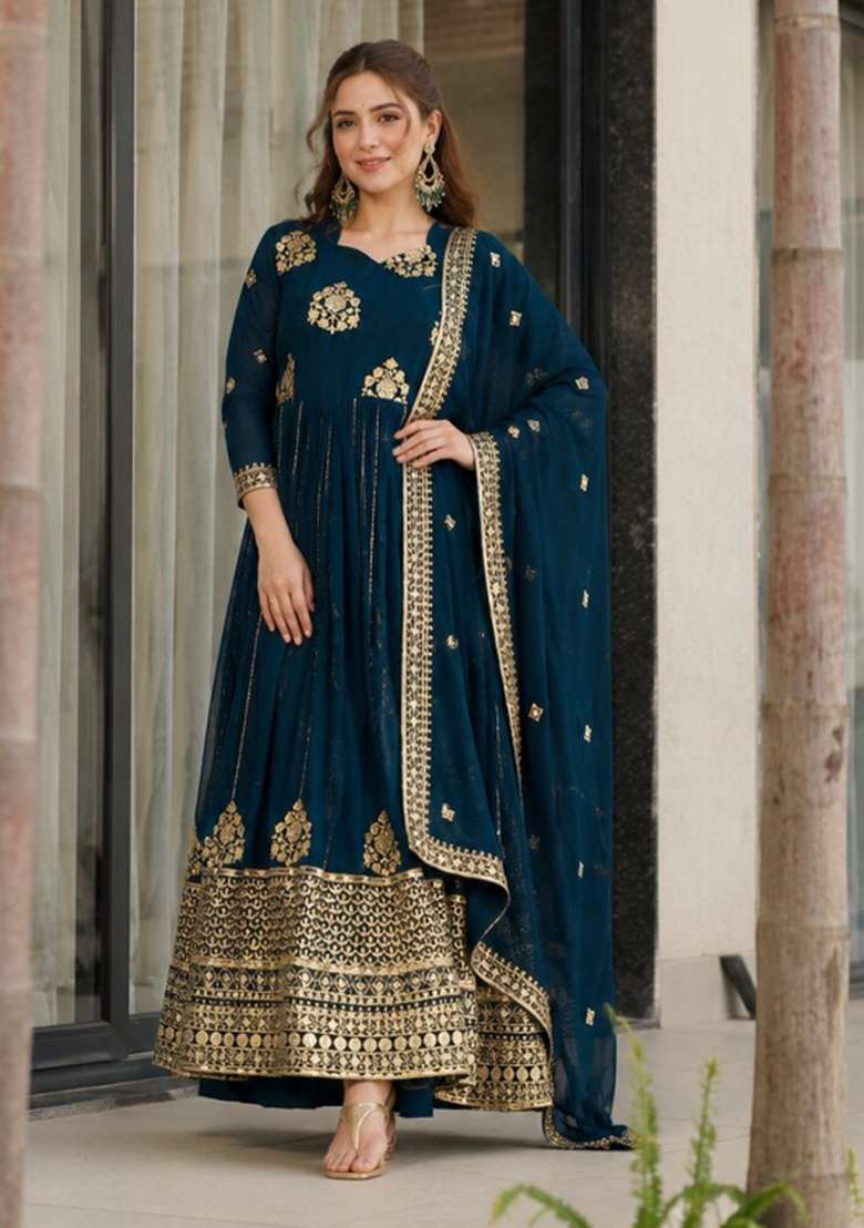 Navy Blue Embroidered Georgette Anarkali With Dupatta - Indya