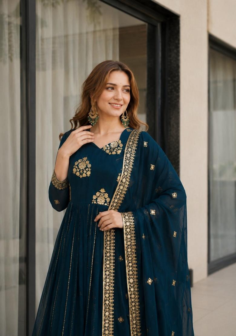 Navy Blue Embroidered Georgette Anarkali With Dupatta - Indya