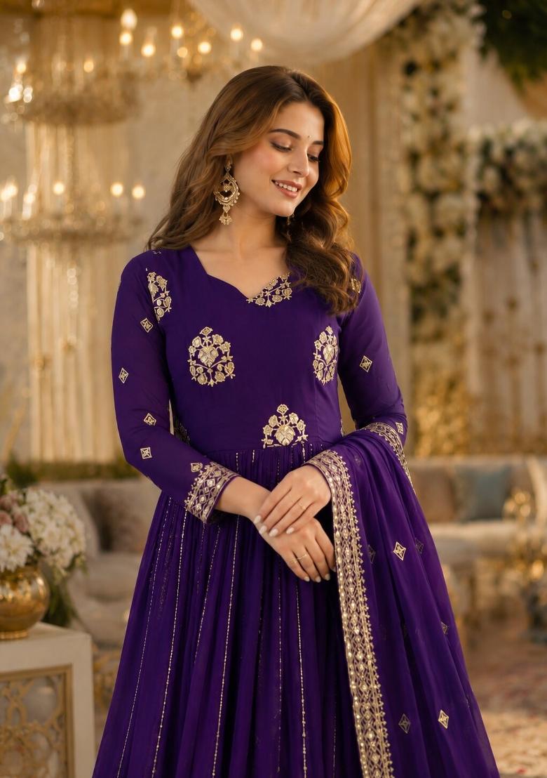 Violet Embroidered Georgette Anarkali With Dupatta - Indya