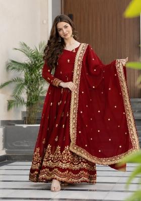 Red Embroidered Georgette Anarkali With Dupatta
