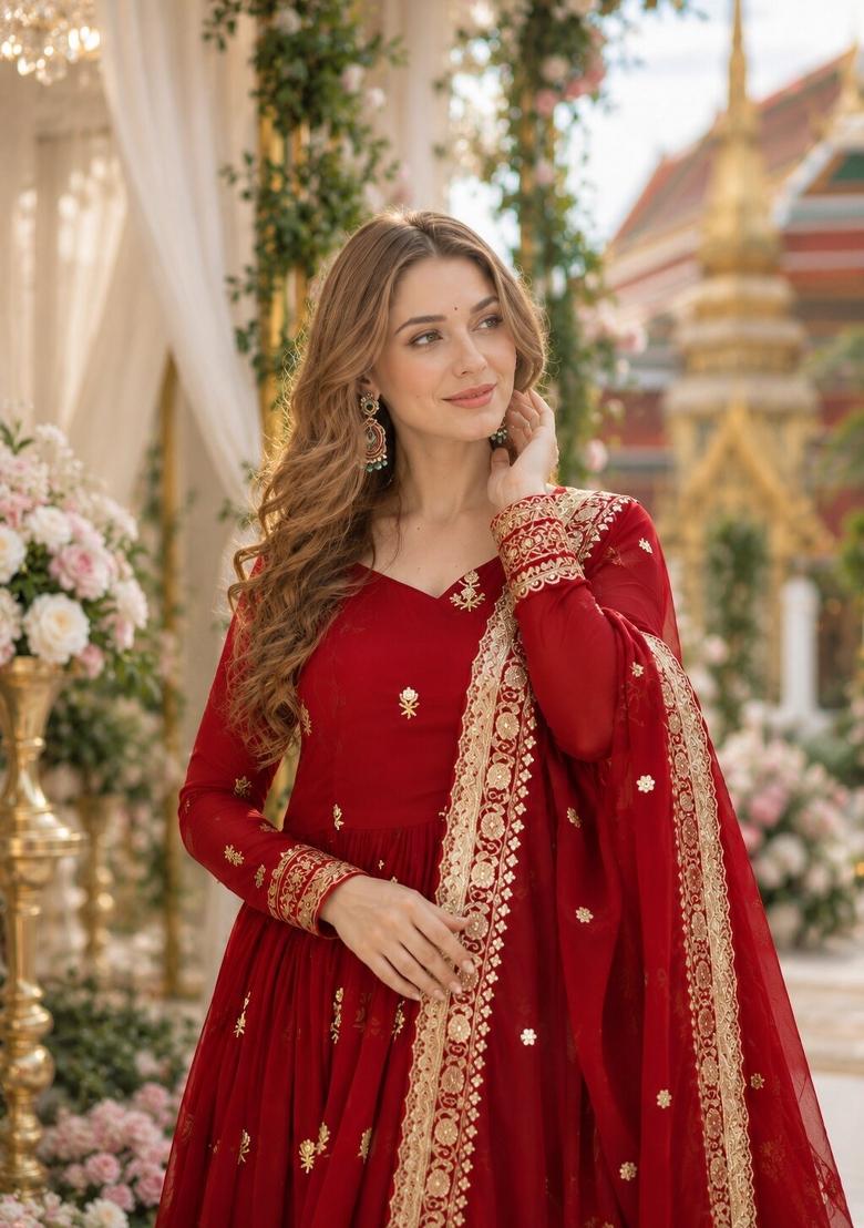 Red Embroidered Georgette Anarkali With Dupatta - Indya