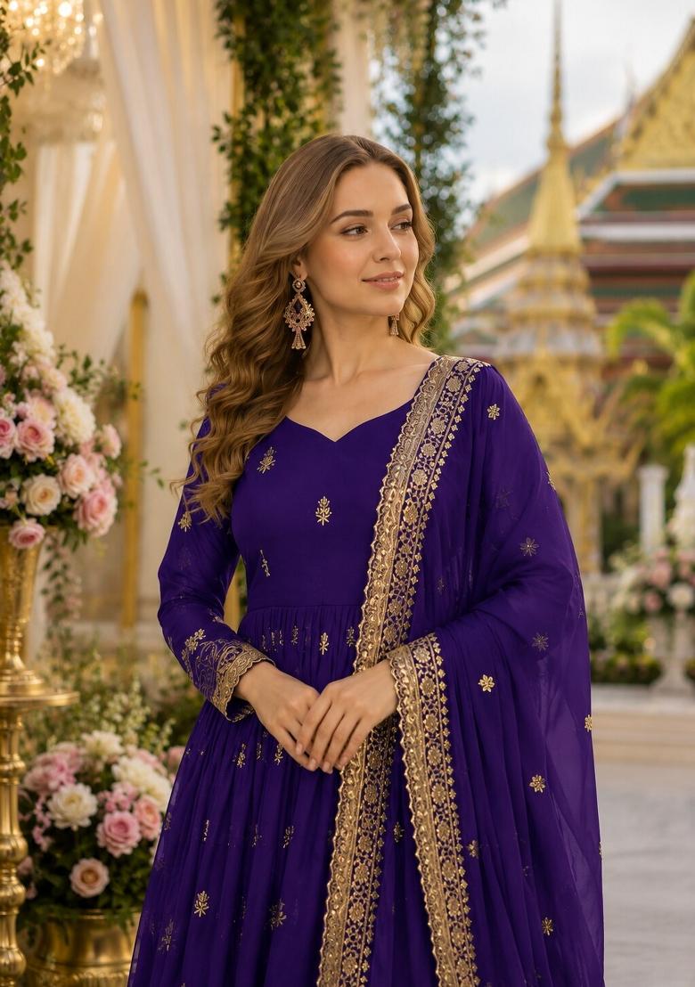 Violet Embroidered Georgette Anarkali With Dupatta - Indya